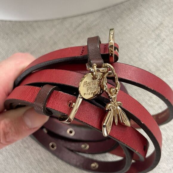 Patrizia Pepe Italian Leather Belt Gold Fly Charm Red Burgundy OSFM